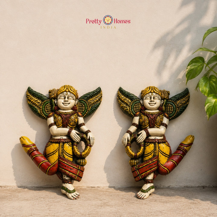 Celestial Gandharva Angel Wooden Wall Mount Pair with Garland Design