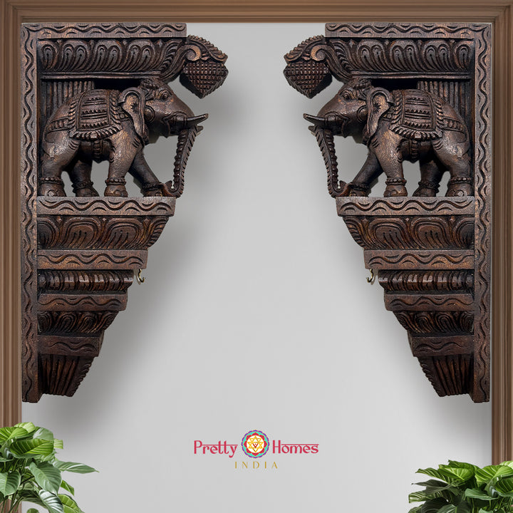 Wood-carved elephant brackets with intricate carvings . Special carving model (each)