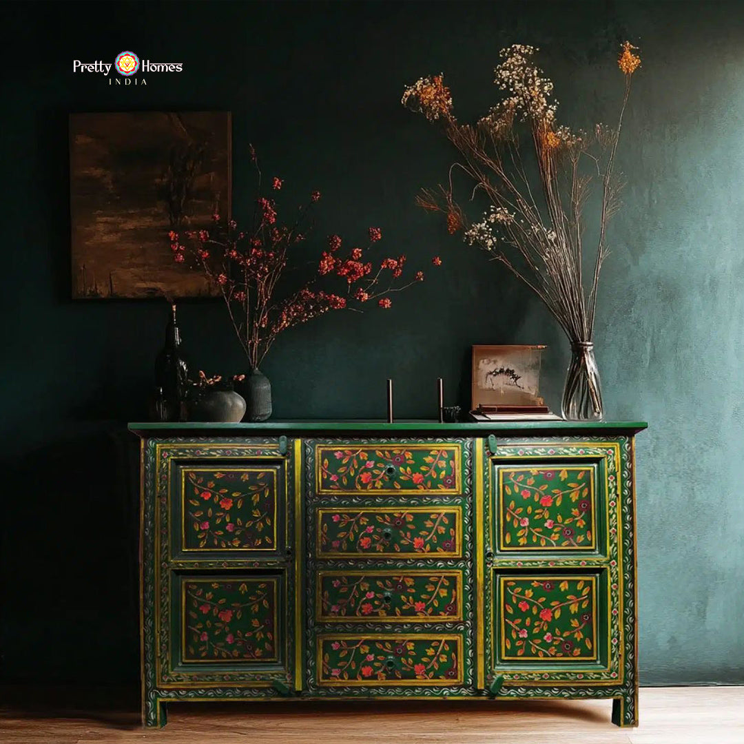 full view of wooden cabinet with multiple painted compartments