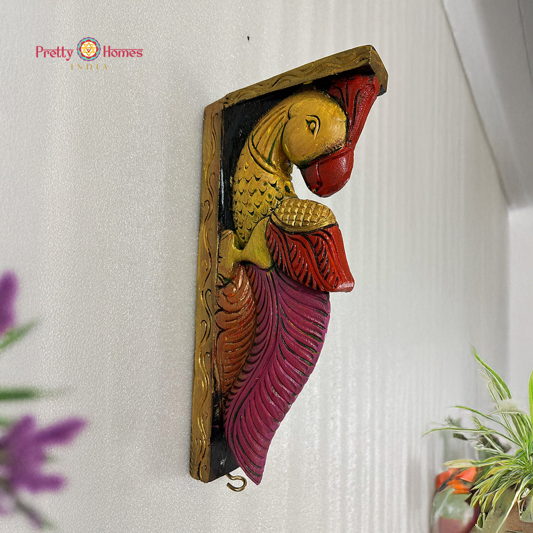 Handcarved multicolour wooden parrot wall bracket