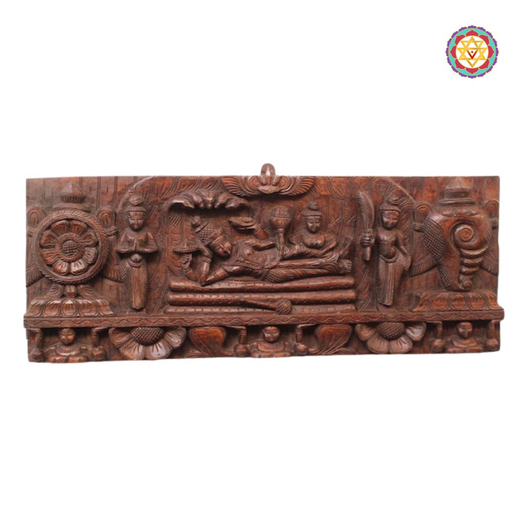 Intricately Handcarved Resting Vishnu Panel – Horizontal Wall Art