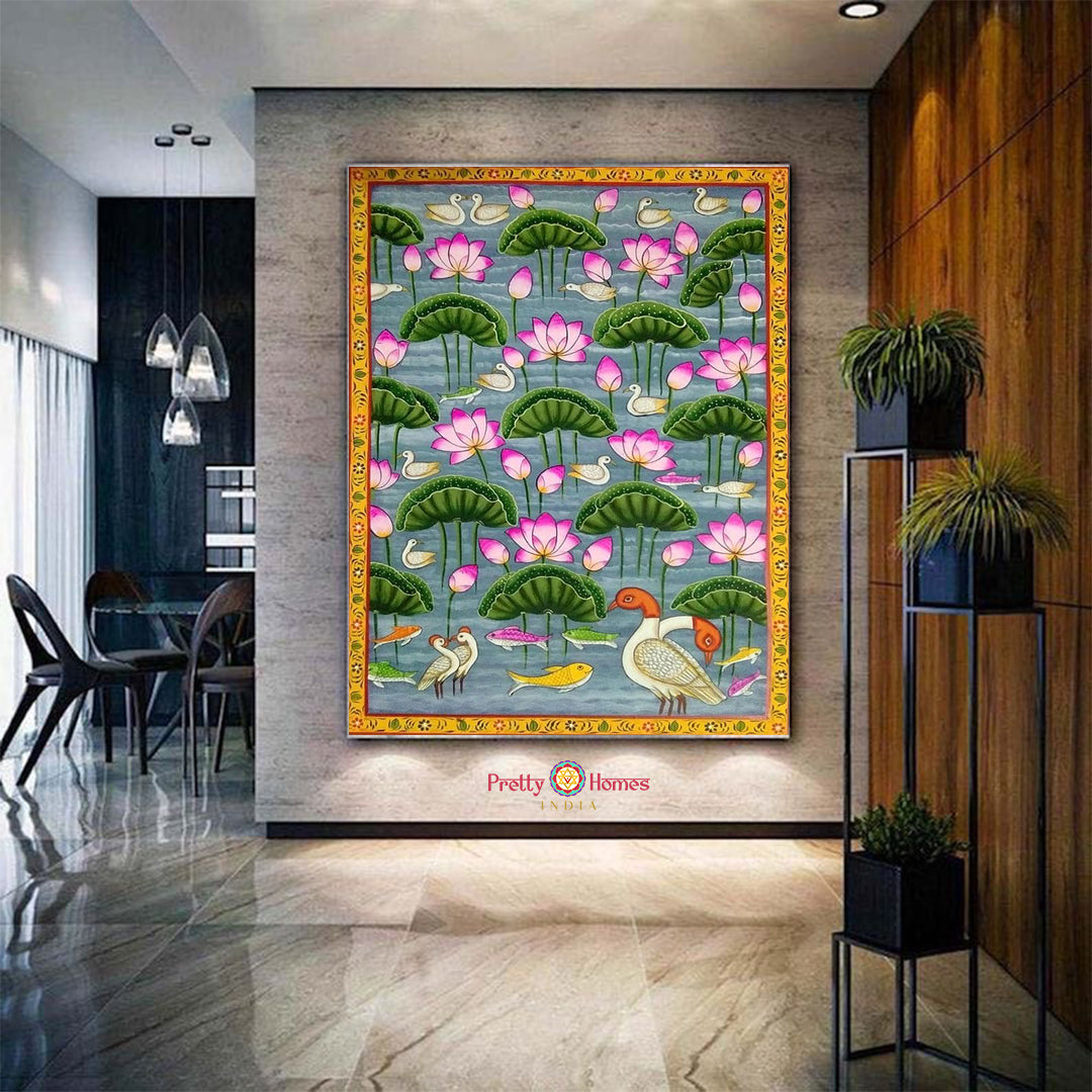 Hand-painted Pichwai of lotus pond (Kamal Talai) with birds — traditional Indian artwork on cloth using natural pigments