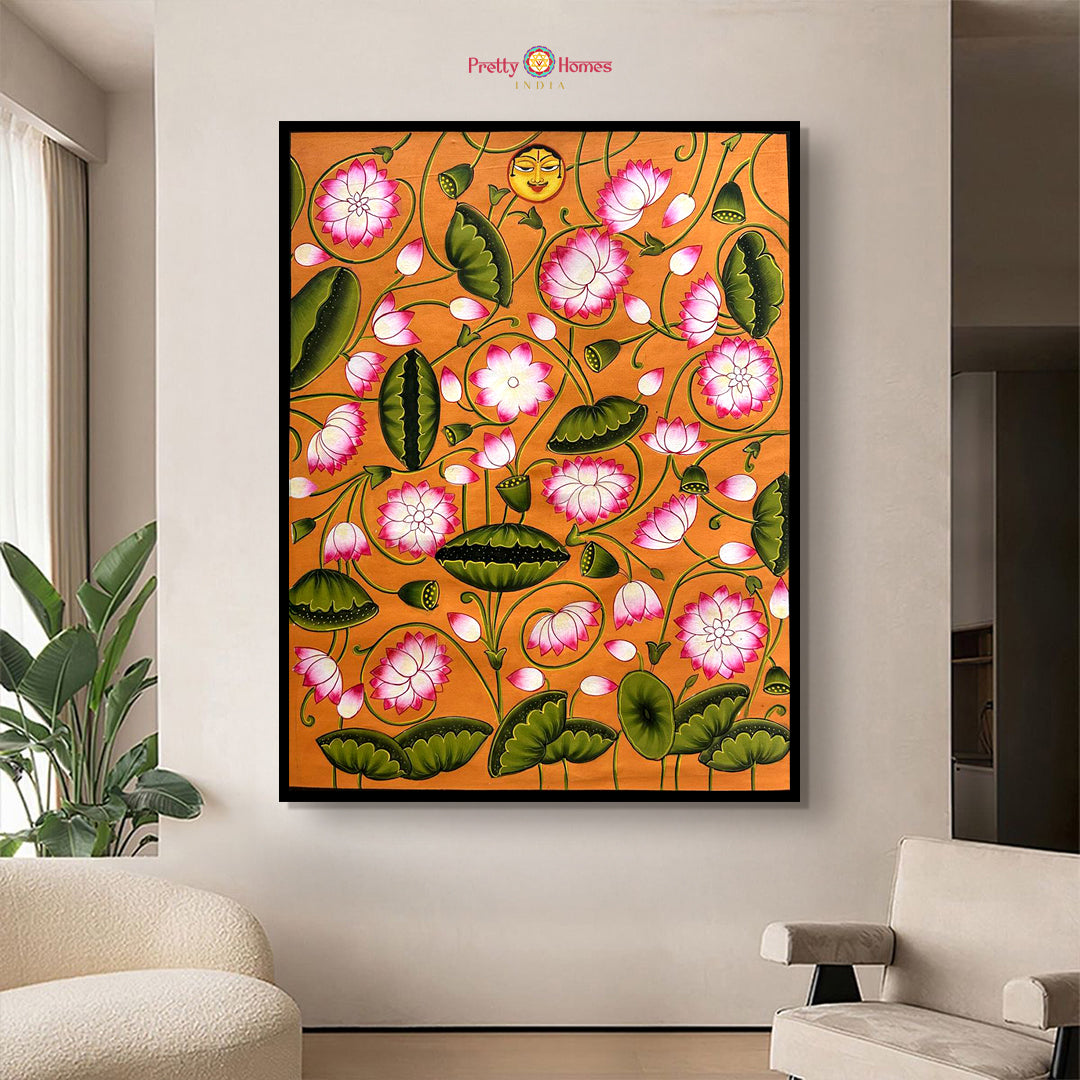 Handpainted Pichwai with blooming lotuses, rust background, lotus pichwai painting.