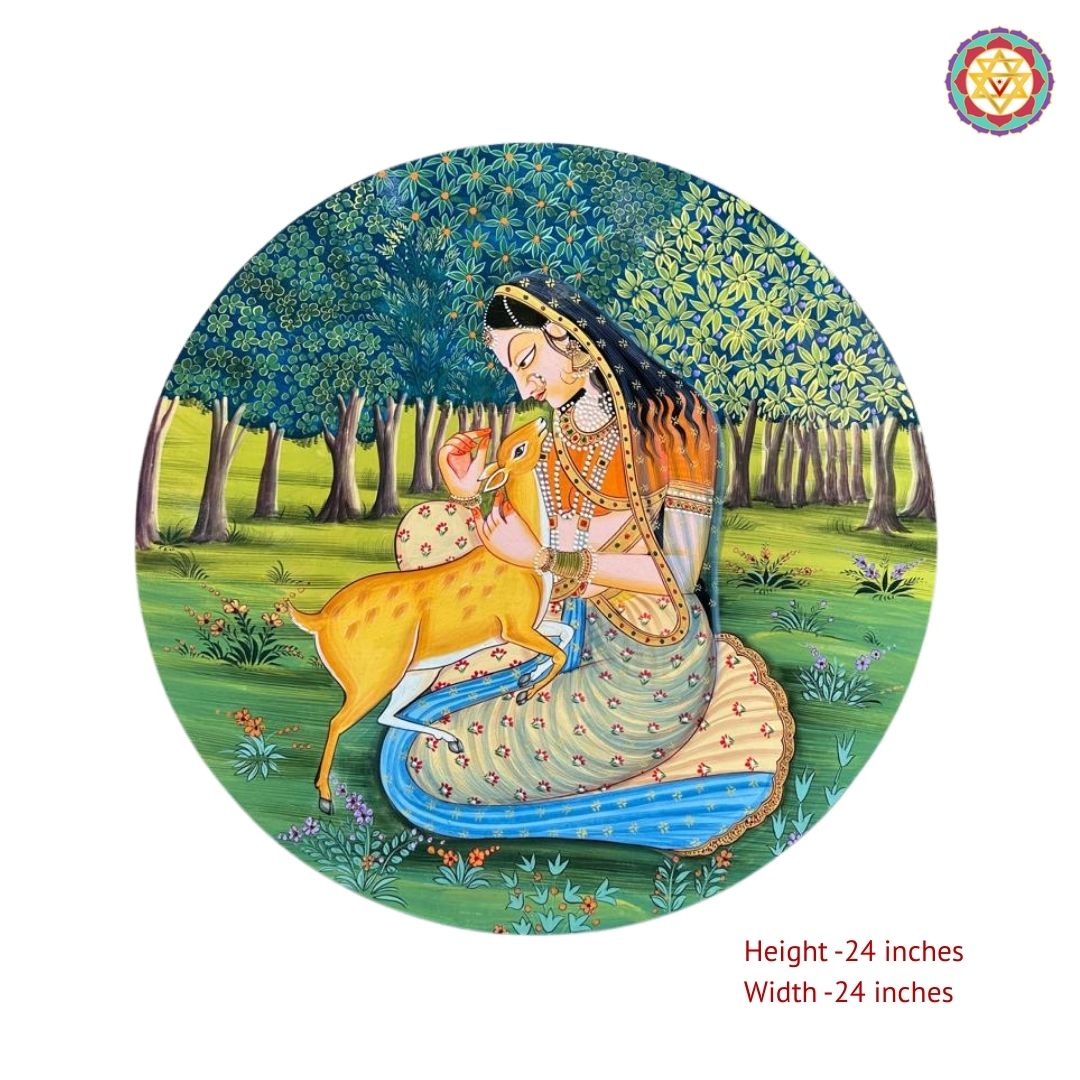 Close view of princess and deer pichwai wall plate with detailed painting