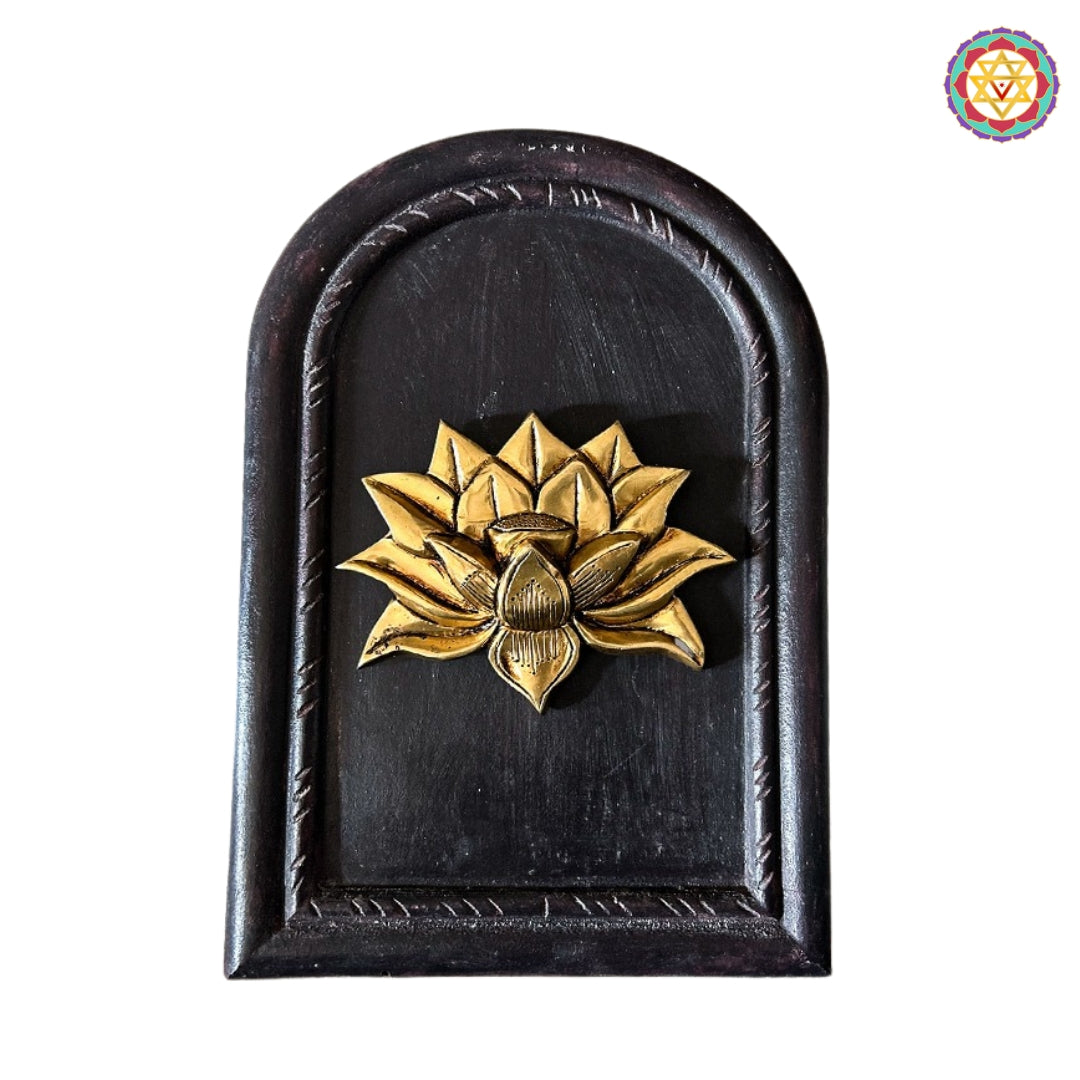 Brass cow and calf wall frame — spiritual Indian wooden wall art.