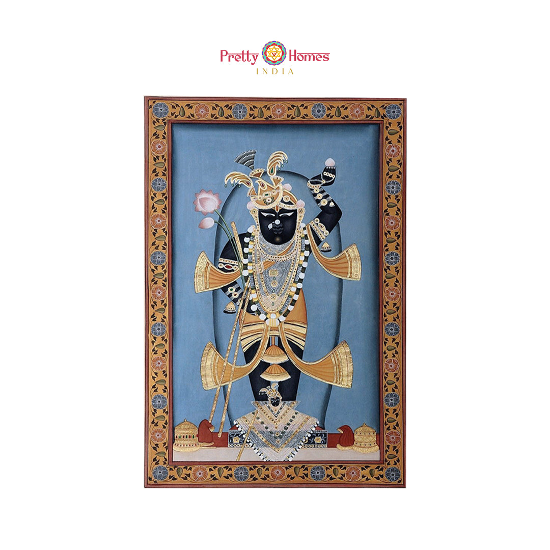 Close-up detail of Shreenathji Pichwai with gold highlights and floral motifs — handcrafted devotional painting.