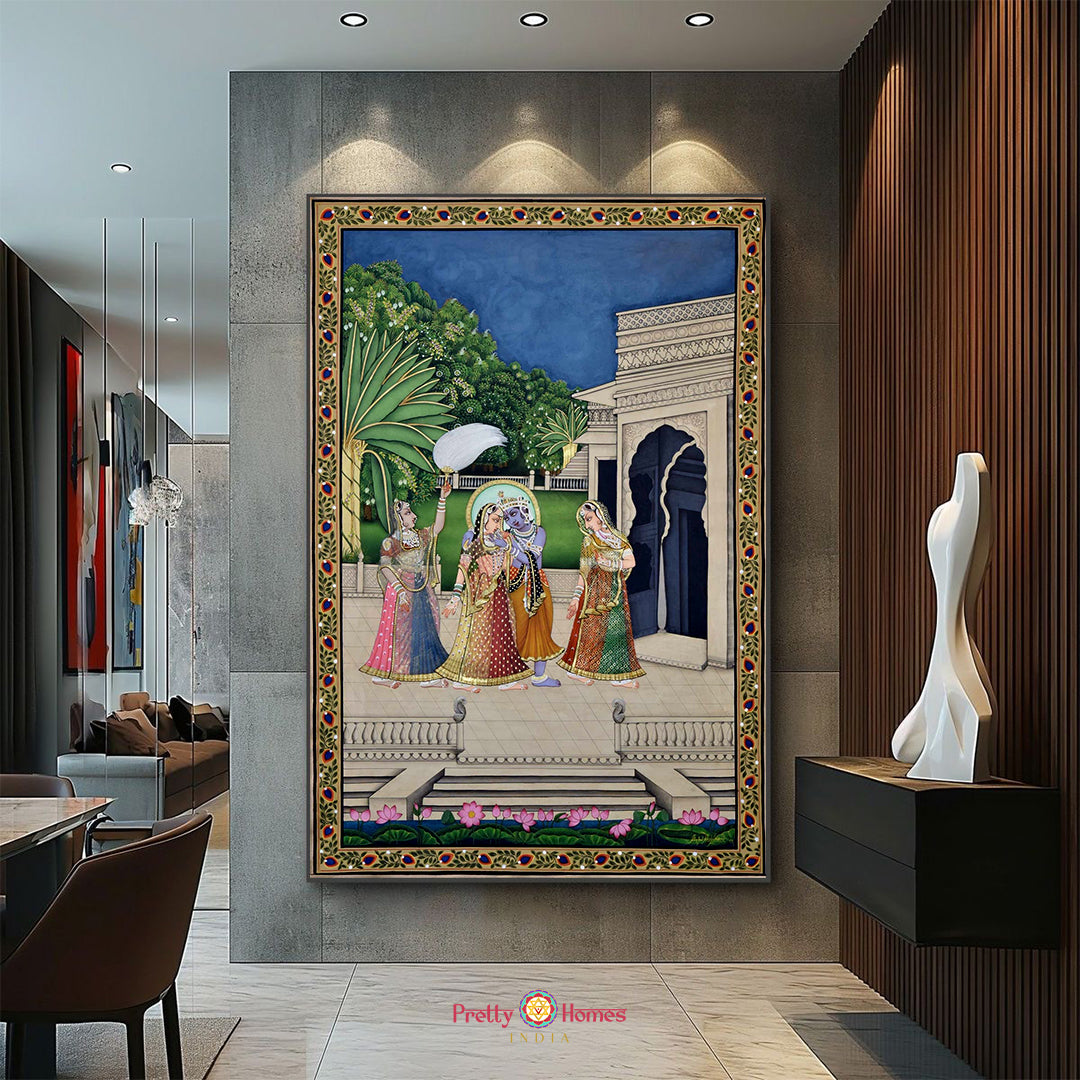Radha Krishna with Gopikas — Handpainted Pichwai for Heritage Interiors