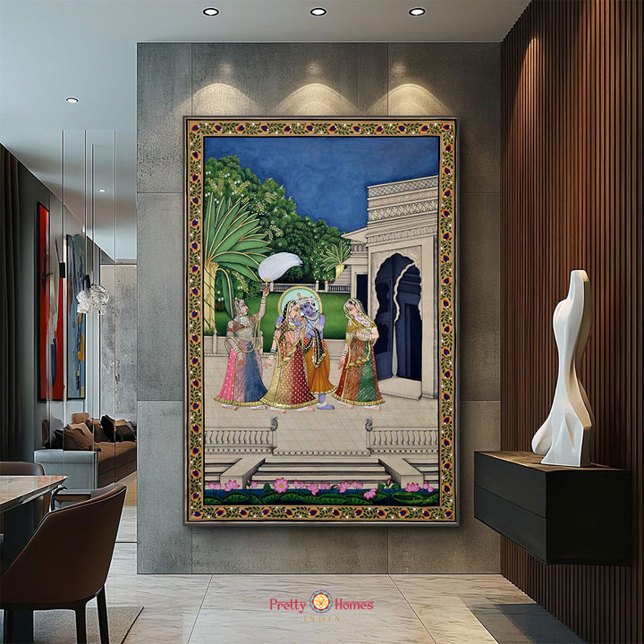 Radha Krishna with Gopikas — Handpainted Pichwai for Heritage Interiors