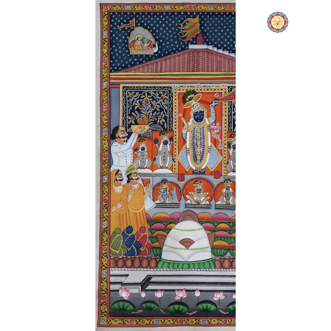 Vertical Pichwai panel showing central shrine, attendants and ritual worship in detailed miniature frames