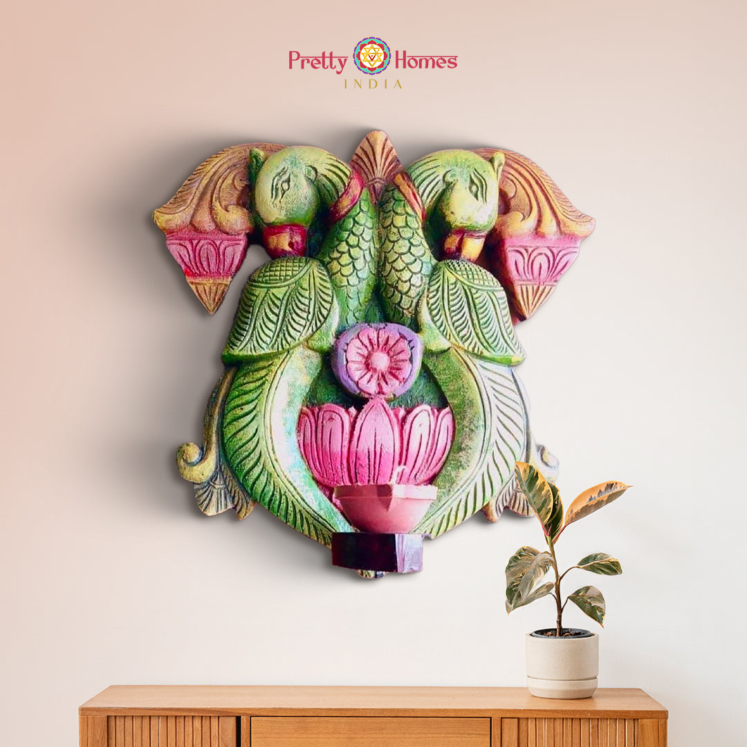 hand carved wooden deepak holder with peacock and lotus design for pooja decor