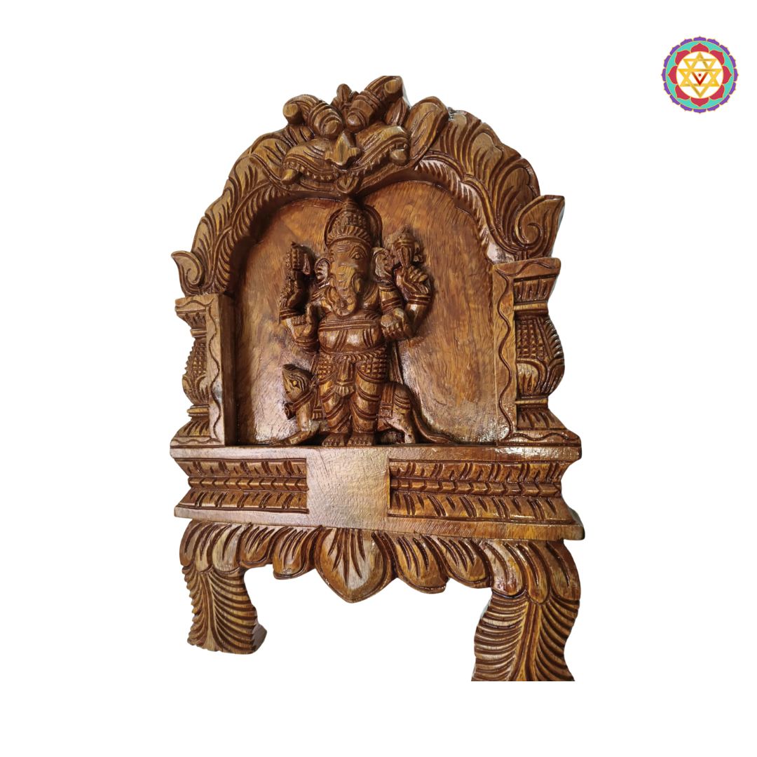 Woodcarved lord &nbsp;ganesha with mouse &nbsp;frame With lotus carvings