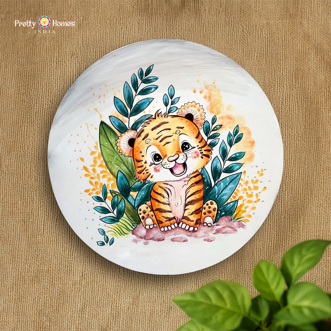 handpainted baby tiger cub wall plate wooden decor for kids room
