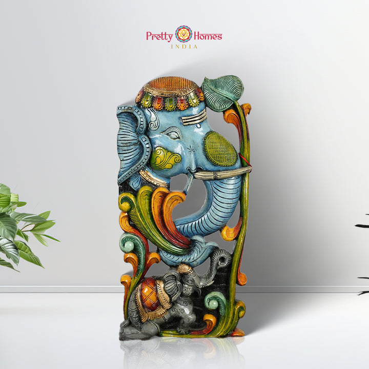 Vertical wooden elephant panel with vine carvings in multicolour finish