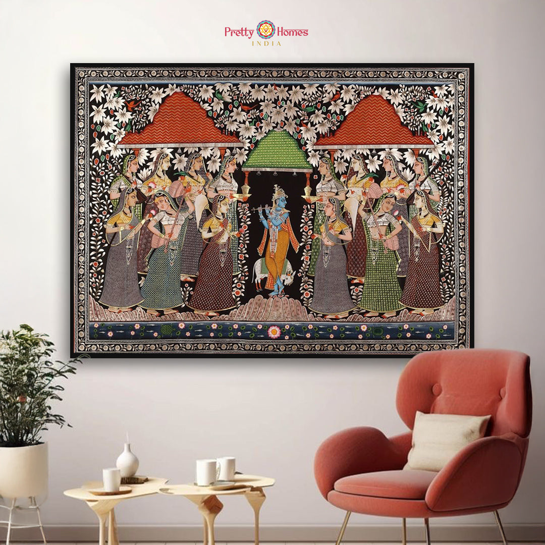 Flute Krishna with Musical Gopikas — Handpainted Pichwai for Heritage Interiors