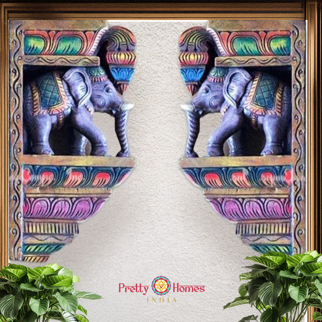 Colourful hand-painted elephant corbel pair with vibrant multicolour finish for ethnic decor.