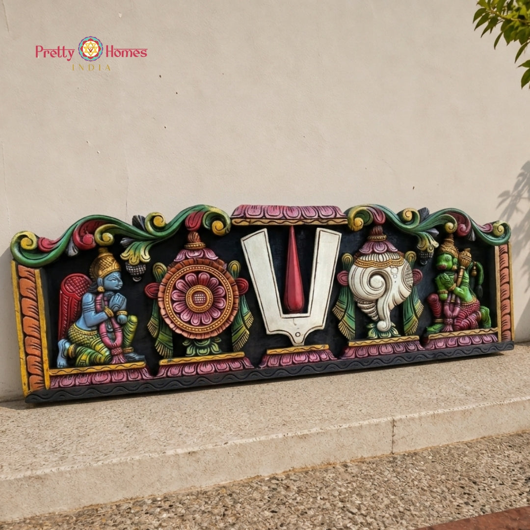 Horizontal Shank-Chakra-Namam Carved Panel — Hand-Painted