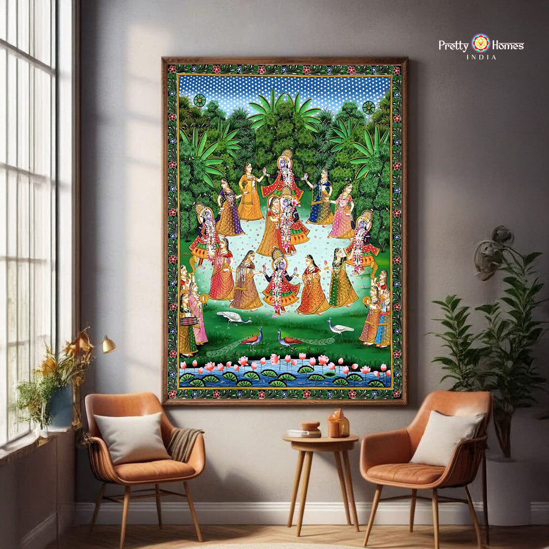 Handpainted Pichwai – Krishna Raas Leela in the Garden