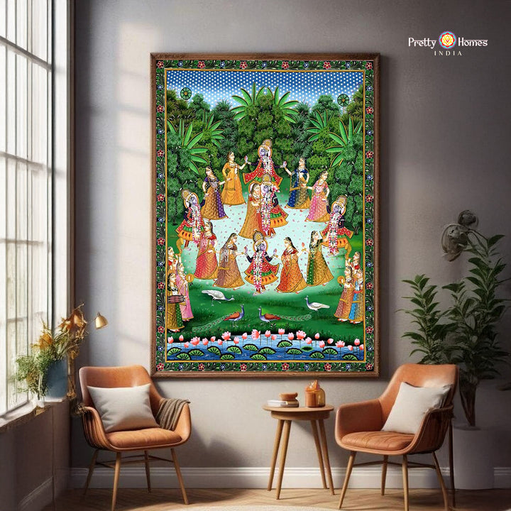 Handpainted Pichwai – Krishna Raas Leela in the Garden