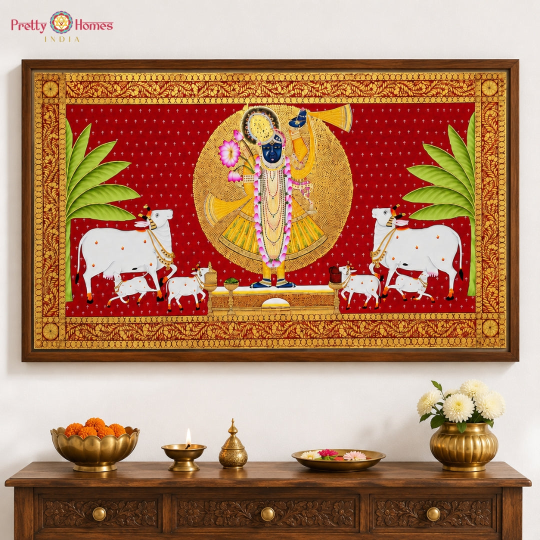 Hand-Painted Pichwai Shrinathji with Cows on a Golden & Red Backdrop