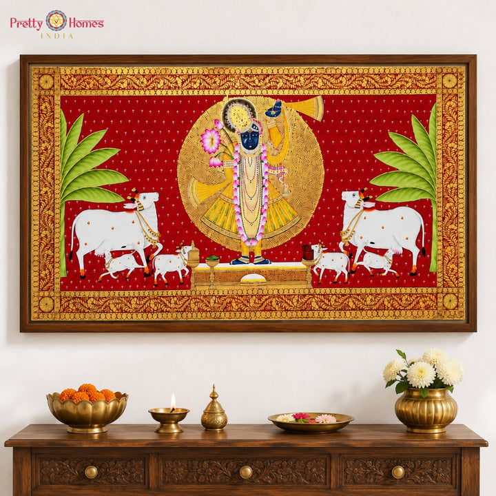 Hand-Painted Pichwai Shrinathji with Cows on a Golden & Red Backdrop