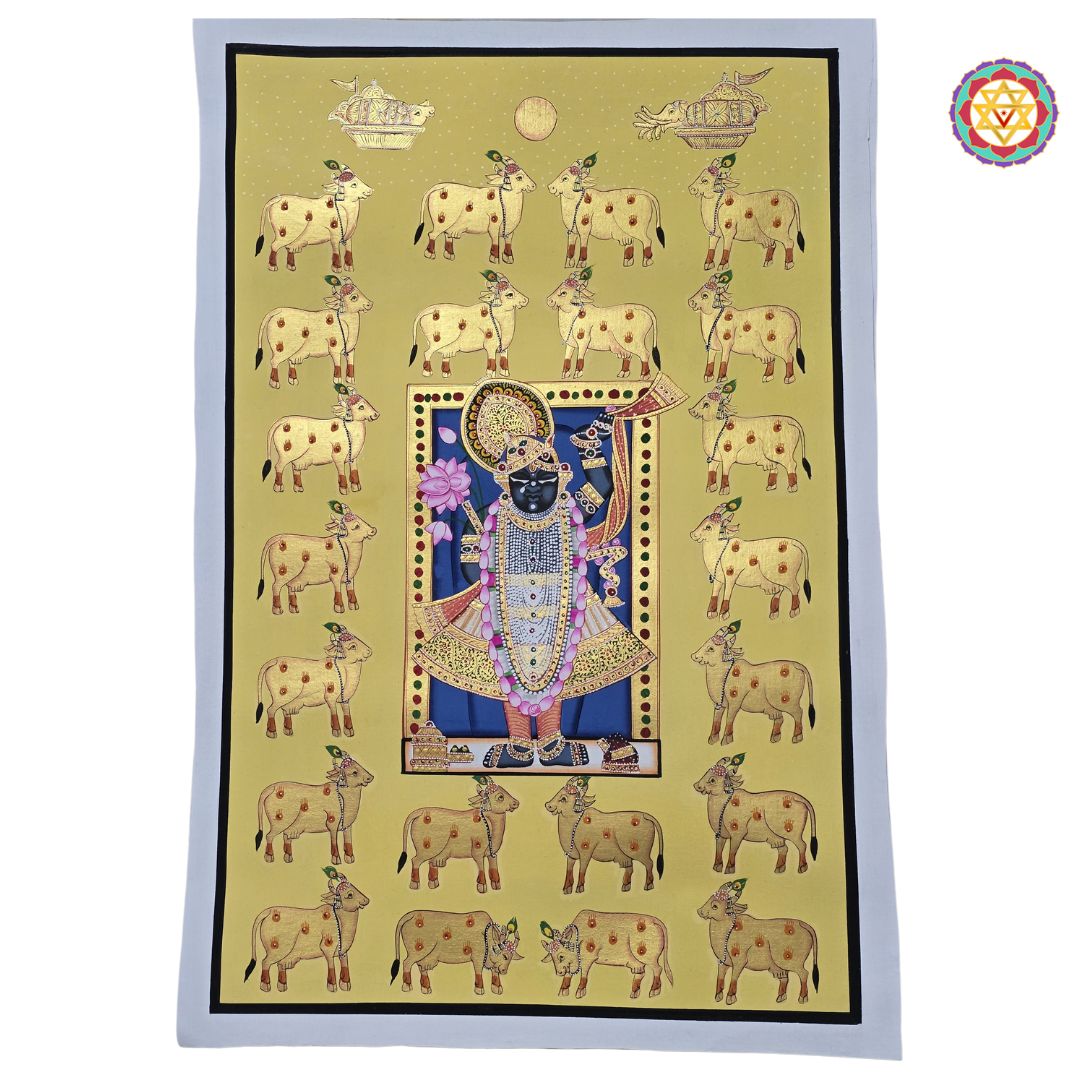 hand-painted pichwai painting -Shrinathji with Golden Cows