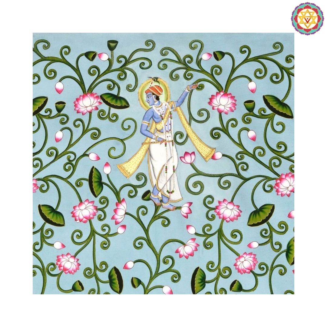 krishna with lotus pond pichwai close up blue themed painting