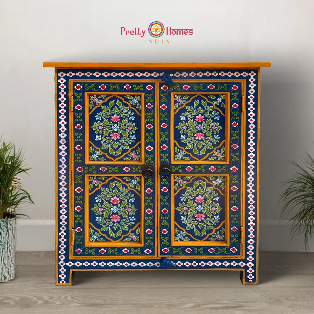 hand-painted wooden side cabinet with floral artwork
