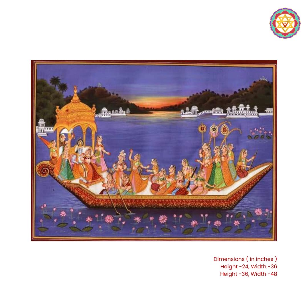 Closeup detailing of Krishna Radha gopikas moonlight boat Pichwai