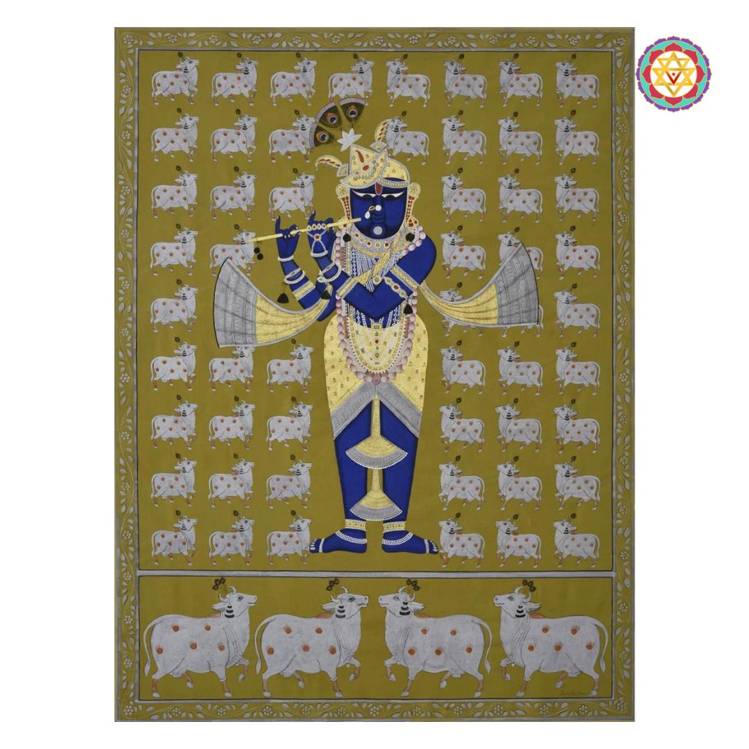 Detail of shreenathji pichwai painting, Srinathji and sacred cows with mustard yellow backdrop.