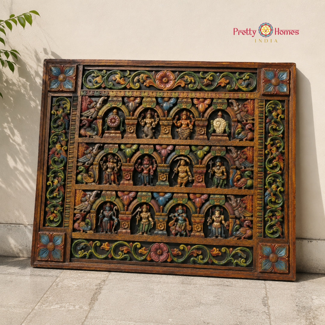 Square Large-Size Dasavtaram Wall Panel – Hand Carved Wood