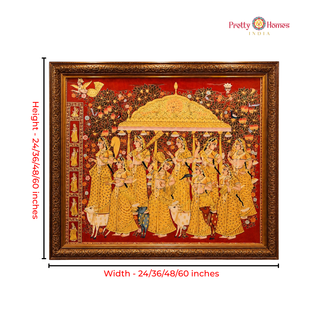 Handpainted Pichwai – Radha Krishna with Golden Musical Gopikas