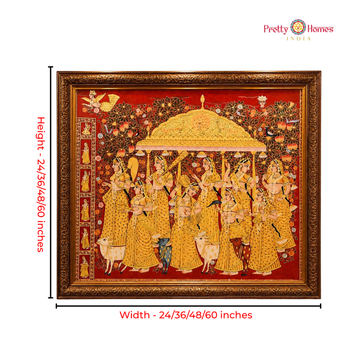 Handpainted Pichwai – Radha Krishna with Golden Musical Gopikas