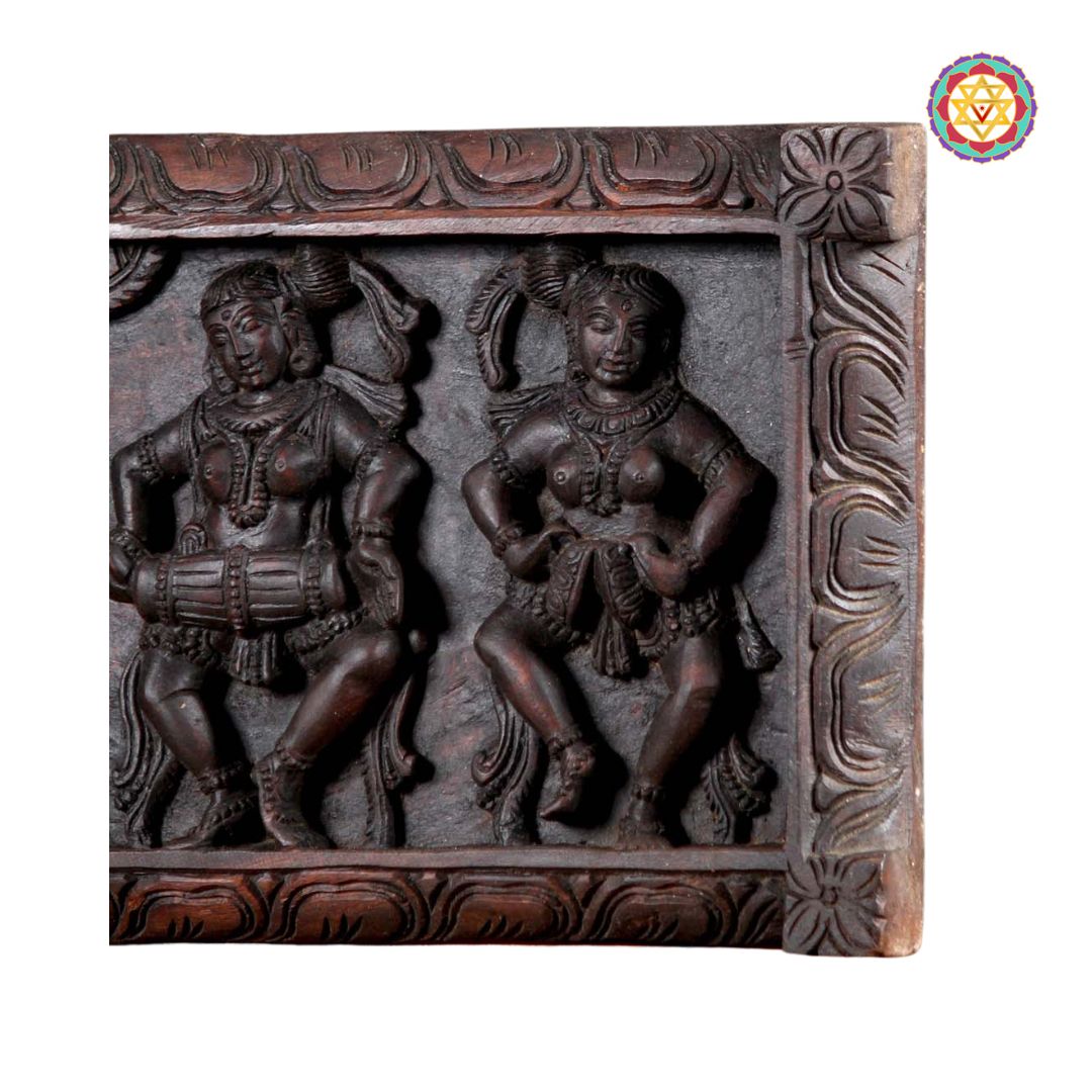 Full frontal view of 36-inch wooden Apsaras wall panel
