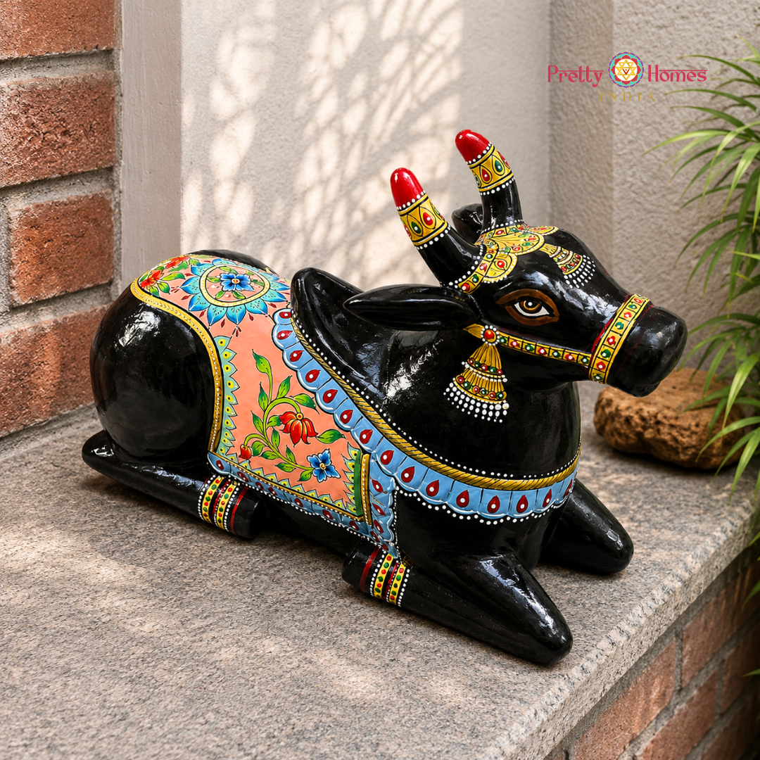Handpainted Wooden Black Nandi with Floral Motifs