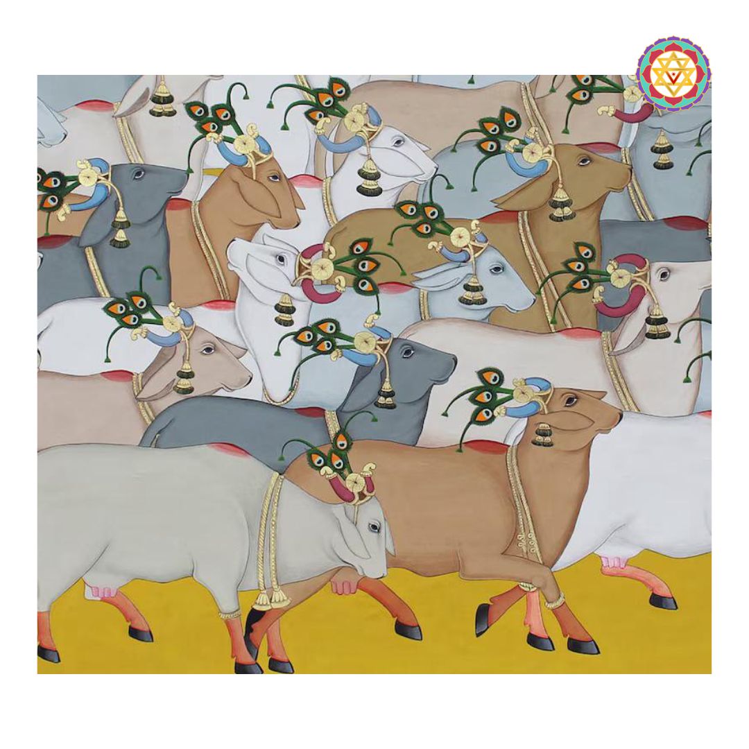 close-up of hand-painted pichwai cows showing fine brushwork and pattern detailing