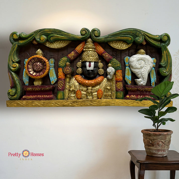 Multicolour Horizontal Carved Panel – Lord Balaji with Shankh Chakra