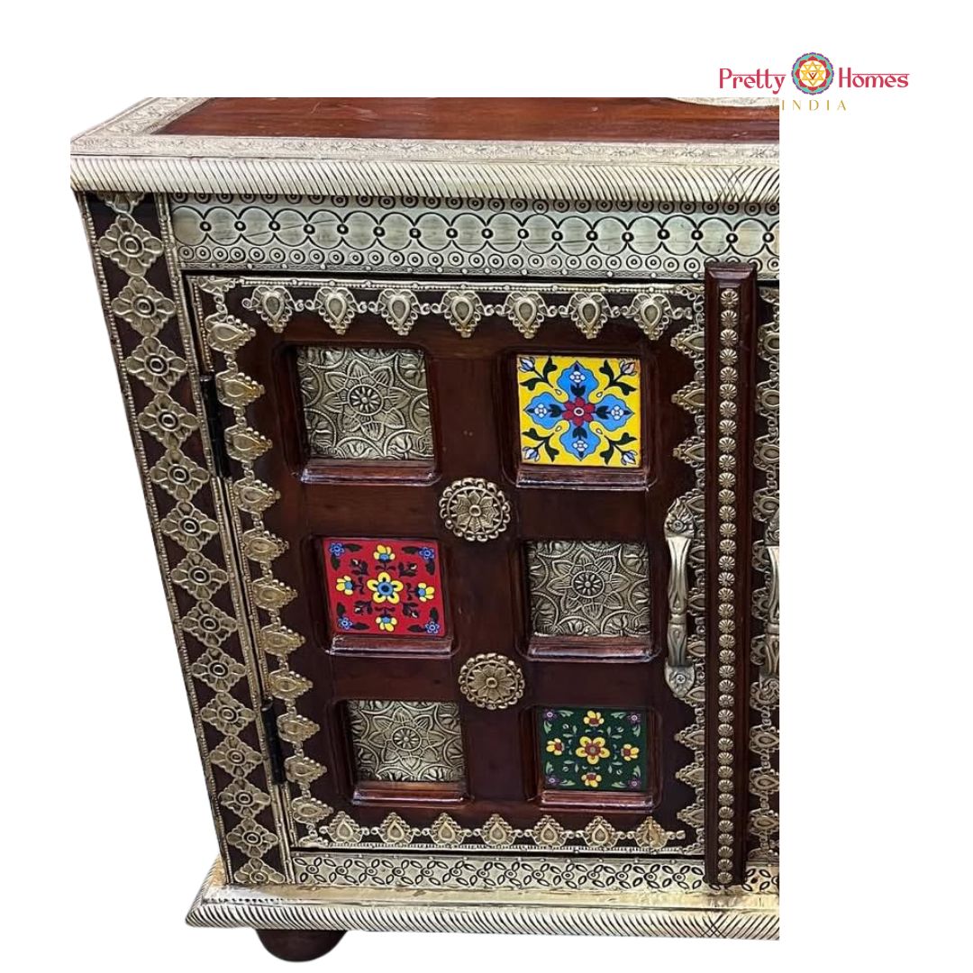 Handcrafted Wooden Console Cabinet with Brass & Tile Work