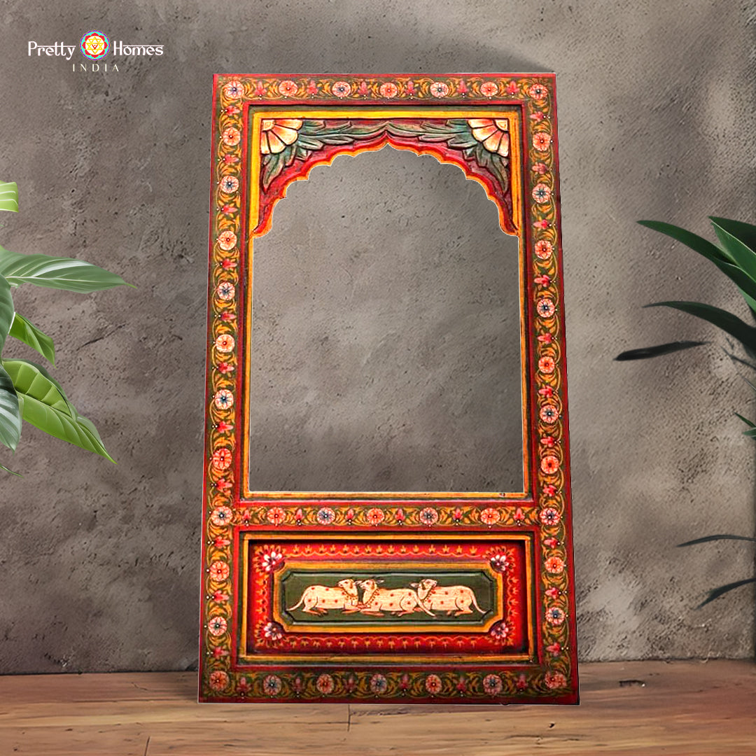 “Hand painted wooden jharokha mehrab mirror frame with miniature painting – Pretty Homes India.”