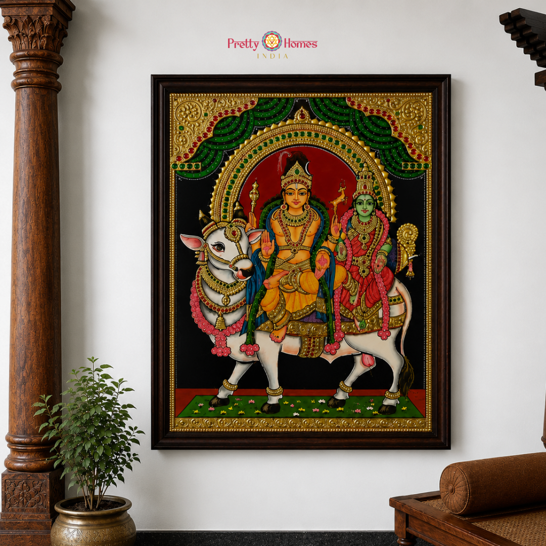 Aesthetic Lord Shiva & Parvati on Nandi Tanjore in Real Gold