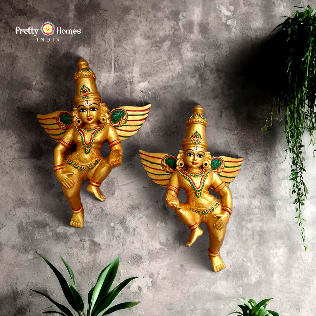 Wall-mountable hand-carved wooden Gandharva (Indian angel) sculpture — antique gold finish, devotional wall decor for living room or pooja space