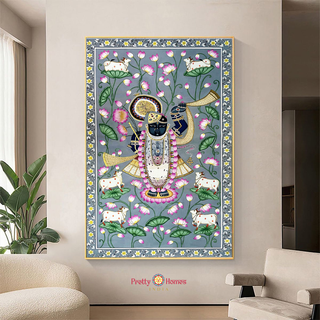 traditional radha krishna pichwai wall decor with floral designs