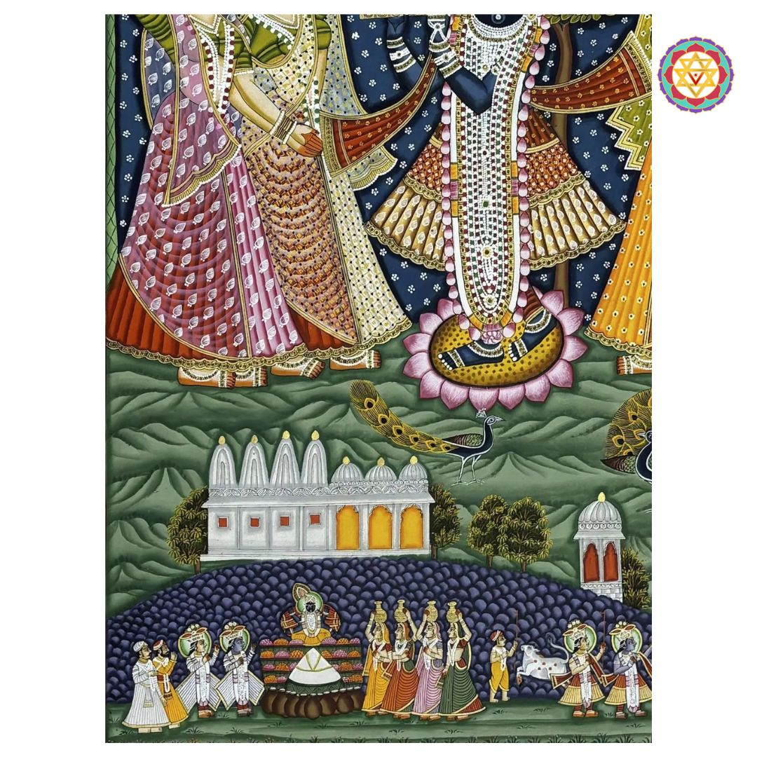 angled view highlighting floral detailing of sharad shrinathji pichwai