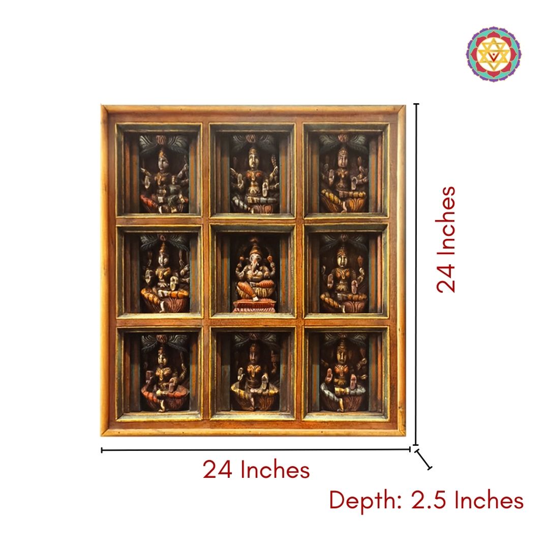 Close-up of vintage wood panel with multicolour finish and Hindu gods