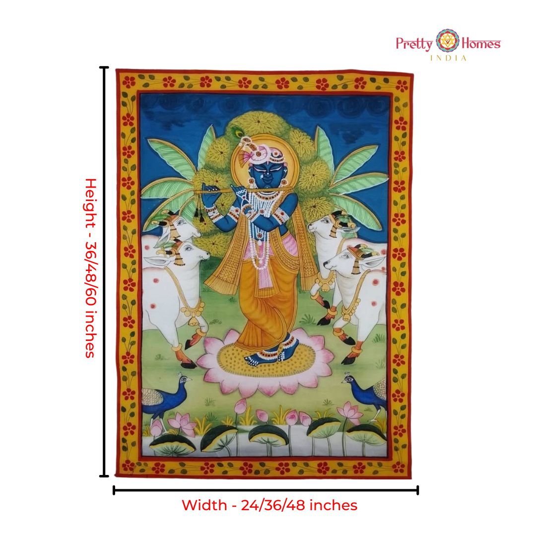 Handpainted Pichwai – Flute-Playing Shrinathji with Cows