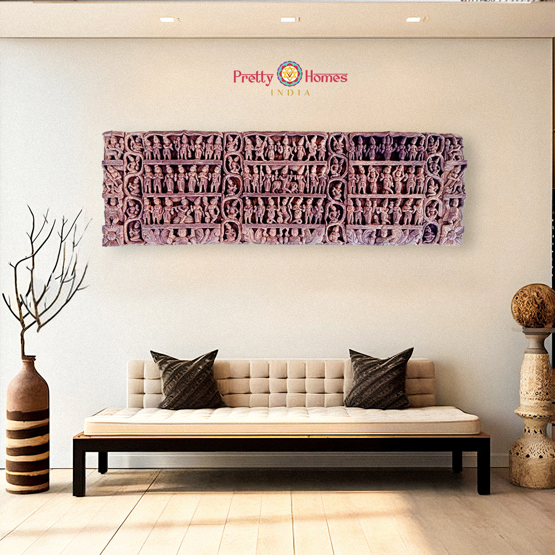 Handcarved wooden panel depicting Krishna Leela – divine scene from Lord Krishna’s life, temple wall decor.