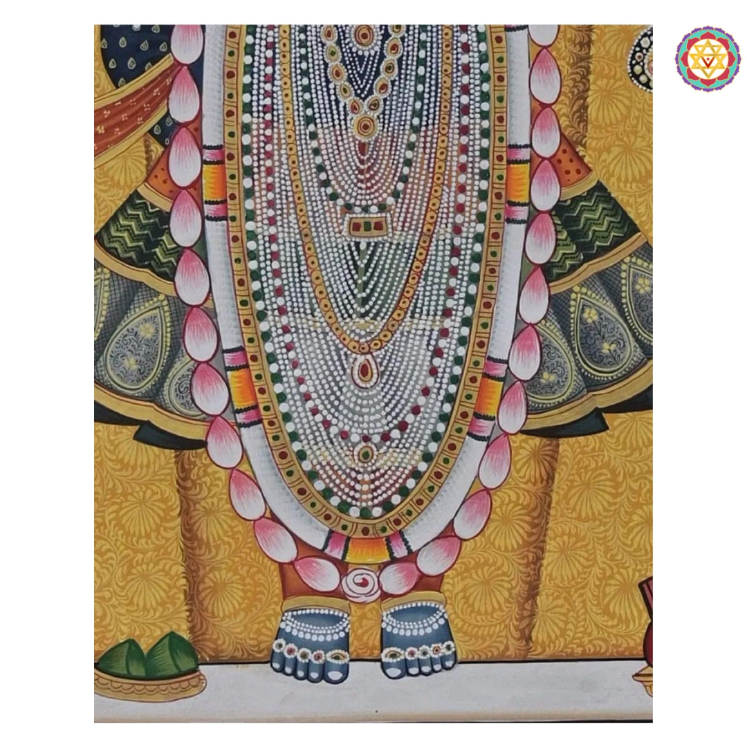 Zoomed-in artwork showing jewelry and attire in shreenathji pichwai painting.
