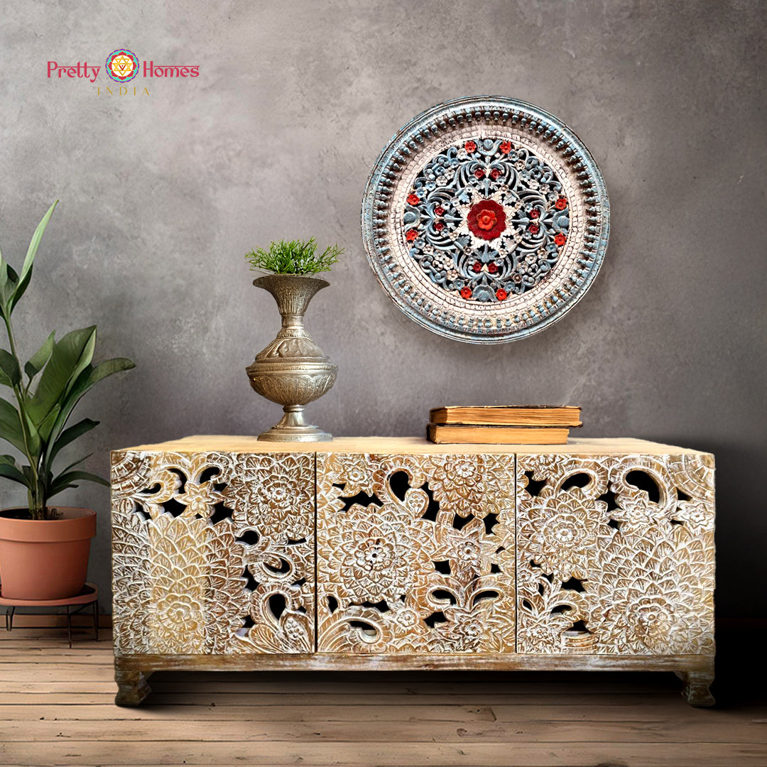 hand-carved lotus design wooden console table for living room décor