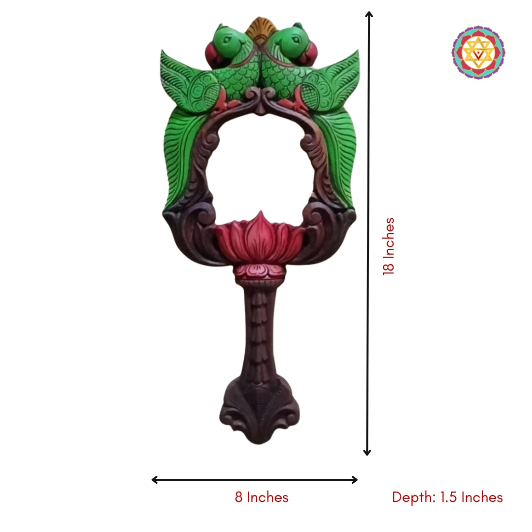 Wall mirror with twin parrot carvings in handpainted mahogany wood