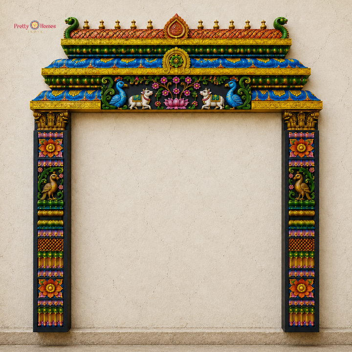 Multicolour Chettinad Gopuram with Nandi & Annam Pillars