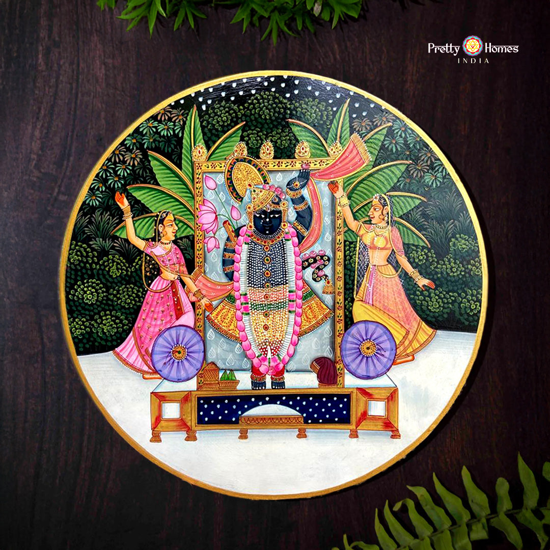 Shrinathji with gopikas pichwai wall plate set in forest background